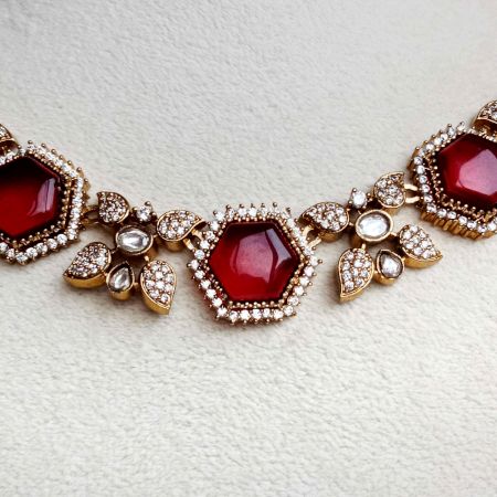 Handmade Brass Metal Jewellery Ruby Hexagon Necklace Set